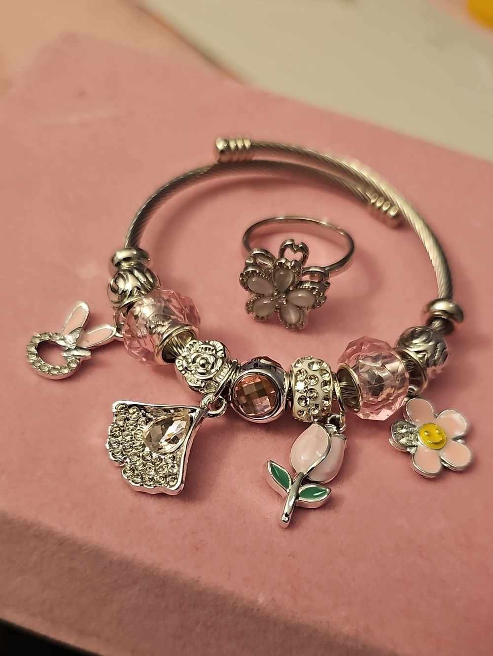 Silver-Tone Pink Charm Bracelet & Flower Ring Set